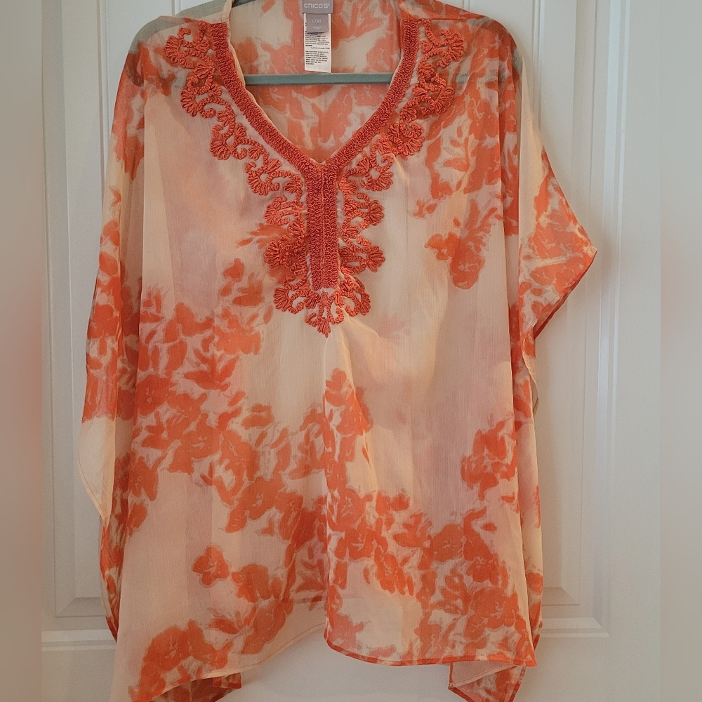 Chico's Orange Floral Sheer Tunic/Beach Cover Up Sz L/XL